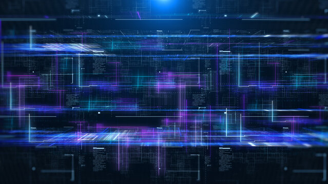 Technology digital grid line hologram big data horizontal view concept. HUD UI system hologram, ai construction illustration background