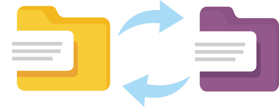 Yellow and purple folders with blue arrows indicating data transfer document exchange