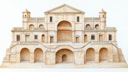 Obraz premium Detailed Architectural Model of a Classic Building with Balconies and Decorative Elements