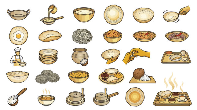 Sri Lankan Food Icon Set in Graphic Style. A collection of South Indian cuisine linear icons, including appam, hoppers, string hoppers, coconut, curry, chef, pan, stone, tray