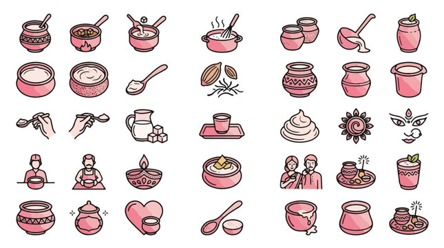 Mishti Doi and Indian Yogurt Icon Set in Linear Style. A collection of linear icons, including sweet curd, milk pot, clay matka, sugar, cardamom, yogurt, diya, Durga, and more. Vector art.