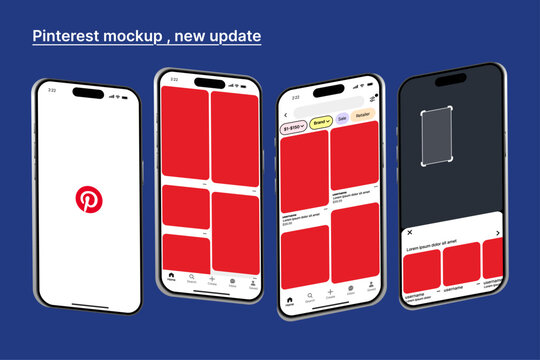 Pinterest UI mockup template. Visual discovery platform layout with pin board, user profile, and search interface. Website and mobile app design for inspiration and content sharing.	