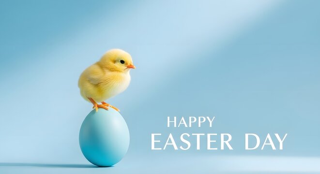 Happy easter day with yellow chick on blue egg decoration