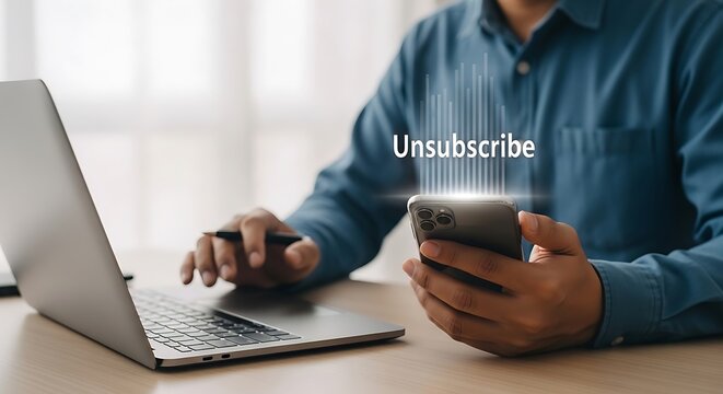 Man holding phone with unsubscribe option on screen next to laptop