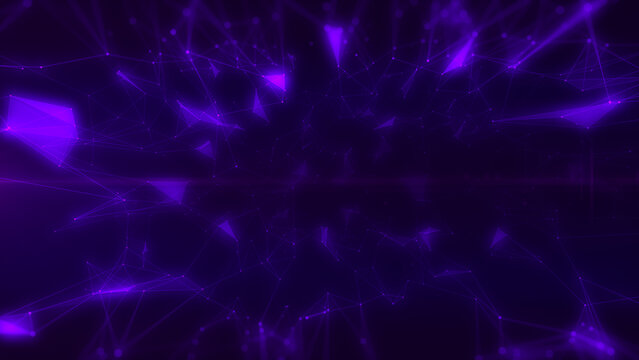Abstract digital low poly data network flowing concept on purple background illustration.