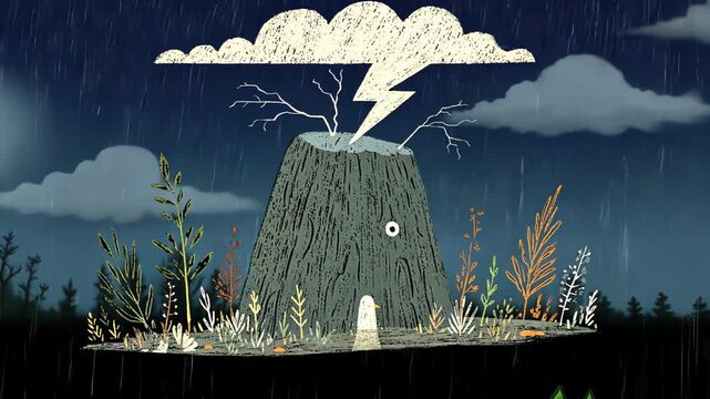 Volcano Lightning Illustration: Cartoon Style Stormy Weather Scene with Rain Clouds and Tropical Vegetation in Whimsical Art Vector Graphics
