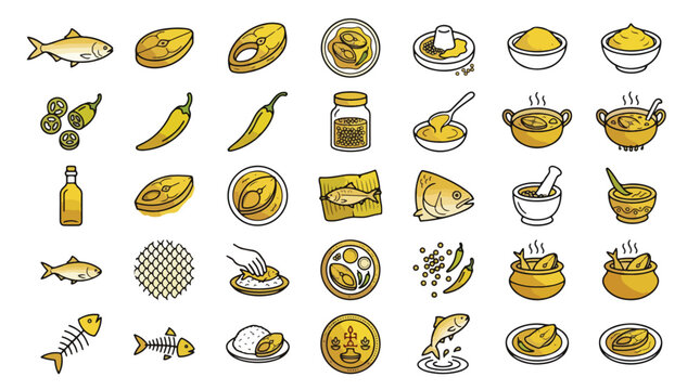 Ilish Fish Curry Icon Set in Outline Style. A collection of hilsa fish linear icons, including mustard oil, chili, spices, seafood, cooking, pot, rice, bowl, plate