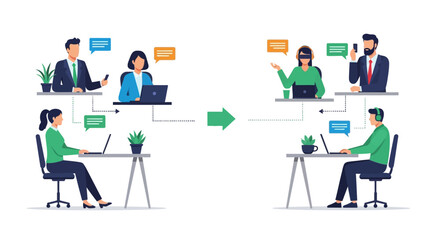 Fototapeta premium Digital Communication and Customer Support Process with Diverse Team Interaction. Online Service and Remote Collaboration Concept.