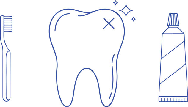 A blue outline illustration of a clean tooth with a toothbrush and a tube of toothpaste nearby isolated on transparent background, isolated on white background, Vector
