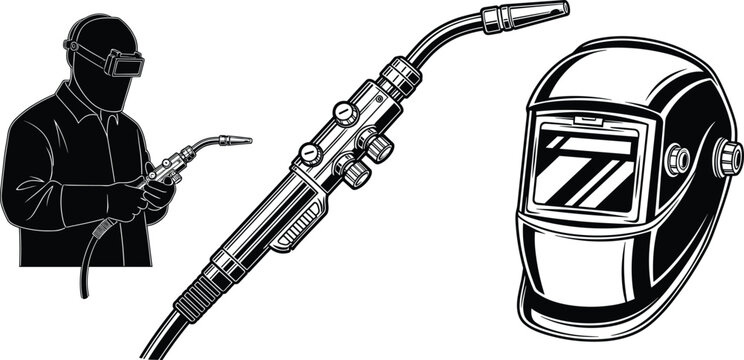 Welding equipment vector illustration, welder with torch and protective helmet silhouette set for metalwork industry fabrication safety tools and construction design concept