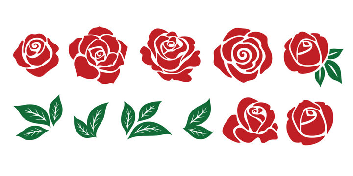 Set of decorative red rose with leaves. Flower silhoutte. A Vector illustration design. 
