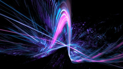 Lines in bright colors move and curve, creating a digital design. background is dark, and the scene has a sense of depth and motion. This happens during the late night. 3d render © angel_nt