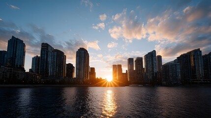Fototapeta premium A vibrant sunset illuminates a modern city skyline casting golden light across the water
