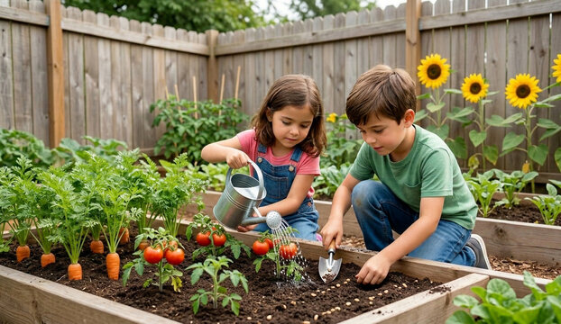 Young children taking care of a vegetable garden by watering plants and digging soil on a sunny day.