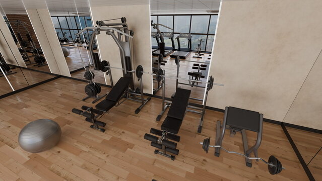 Several fitness machines are arranged in a gym setting. space has large windows allowing natural light. Workout benches and weights are visible on the wooden floor. 3d render