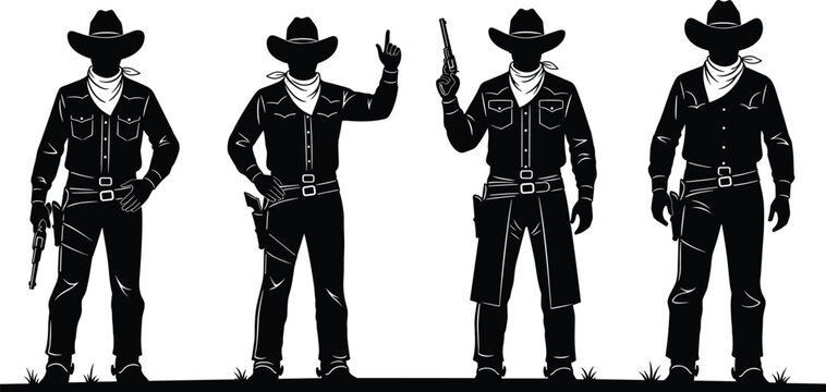 Black cowboy silhouettes set with revolvers and hats, western outlaw gunfighter poses collection, wild west character vector icons isolated white.