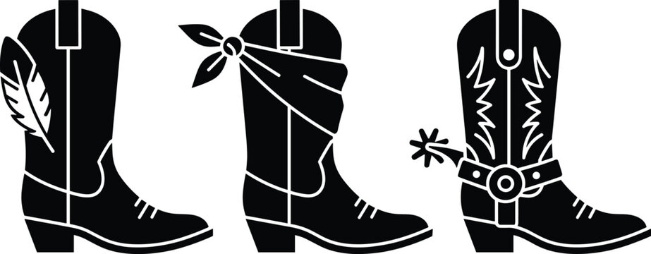 Black cowboy boots silhouette set with feather, bandana, and spur details, western footwear vector icons collection isolated on white background.