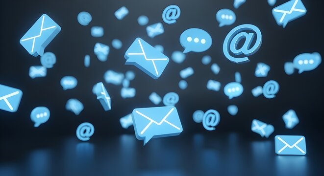 Glowing blue email and messaging icons floating in mid-air on dark background with modern digital communication symbols