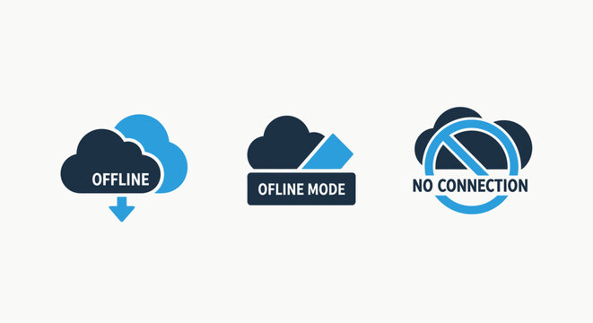 Offline cloud icons: cloud computing, no internet connection, offline mode, limited access, digital communication icons