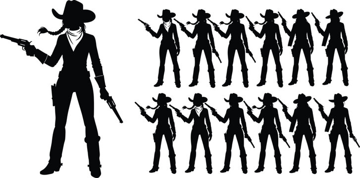 Cowgirl silhouettes set with revolvers and hats, western woman gunfighter poses collection, wild west female outlaw vector icons isolated white.