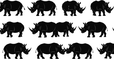 Rhinoceros silhouettes set, various african rhino walking and standing poses, safari wildlife animal vector icons collection isolated on white background. © Mehedi
