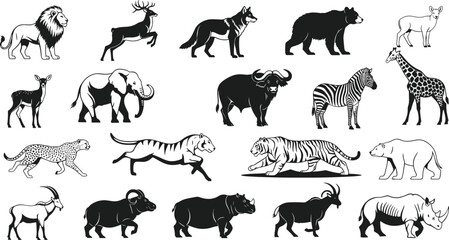 Wild animal silhouettes set, safari elephant, lion, tiger, zebra, giraffe and rhino vector icons collection, nature wildlife elements isolated on white. © Mehedi