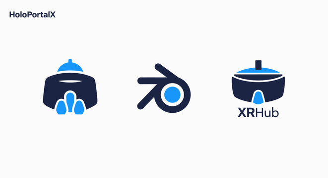 Vr headset, blender 3D software logo, and xr hub icons representing virtual reality and extended reality technologies and platforms