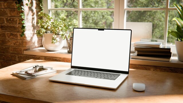 Laptop Blank Screen Mockup &ndash; Industrial Loft Workspace, Empty Display Template - Front View