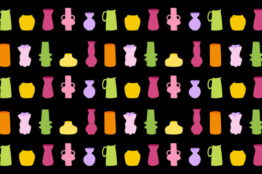 Playful multicolor ceramic vessels pattern, small scale repeating pottery icons background