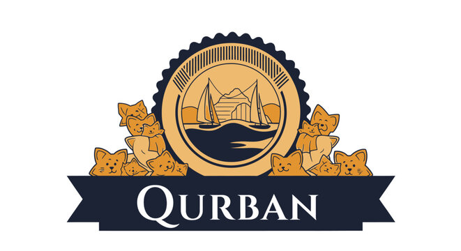 Retro bakery emblem logo featuring scenic mountains, sailboats, and cute animal-shaped cookie figures with a decorative banner.