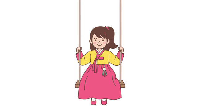 Girl in Hanbok Traditional Korean Dress Sitting on Swing