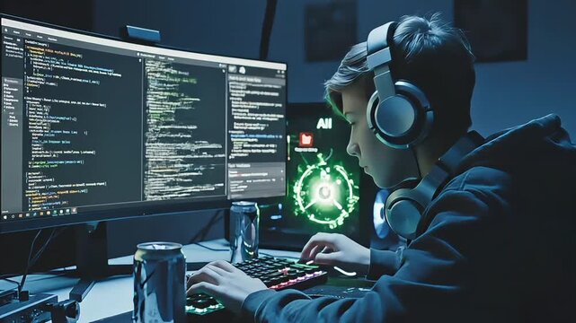 Teenage Programmer Coding With AI Pair Programming Assistant on Multiple Screens, 4K