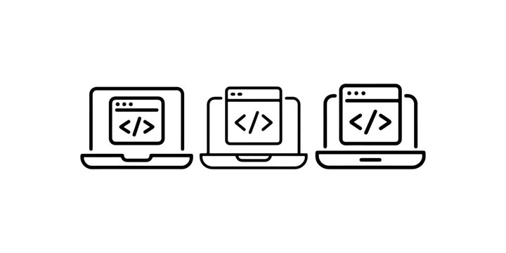 Software development and web coding icons featuring laptop screens with programming brackets and website window symbols for technology and computer work
