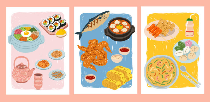 Flat Illustration of Popular Korean Cuisine and Traditional Food Set. Hand Drawn Style Korean Food Poster Design Elements in Pastel Colors illustrations.