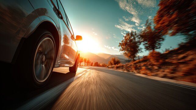 Vibrant modern vehicle driving through open scenic road, subtle motion blur, soft environmental tones, cool modern design, cinematic realism, 8k