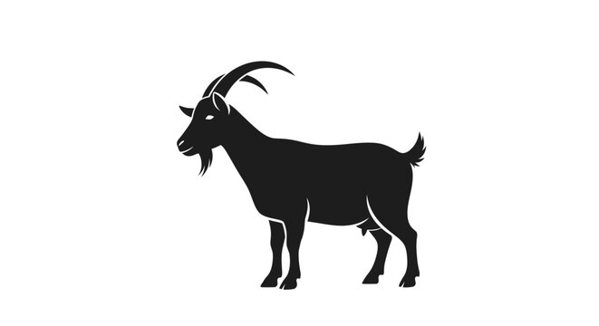 Black silhouette of a standing goat. Detailed vector icon of a male horned farm animal with a beard, isolated on white.