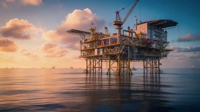 Cinematic sunrise over massive offshore oil platform with cranes and intricate industrial piping