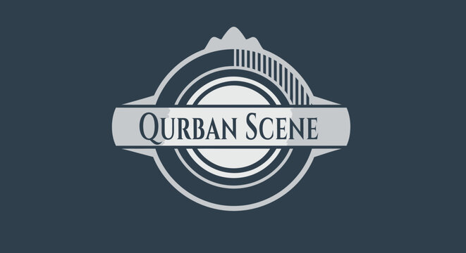 Qurban Scene emblem design for Islamic sacrifice festival. Elegant metallic badge for Eid al-Adha celebration.