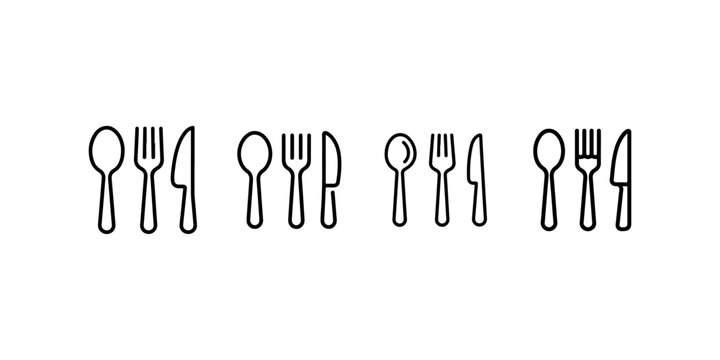 Collection of four stylized line icons featuring cutlery sets, including spoons forks and knives, for dining and food service
