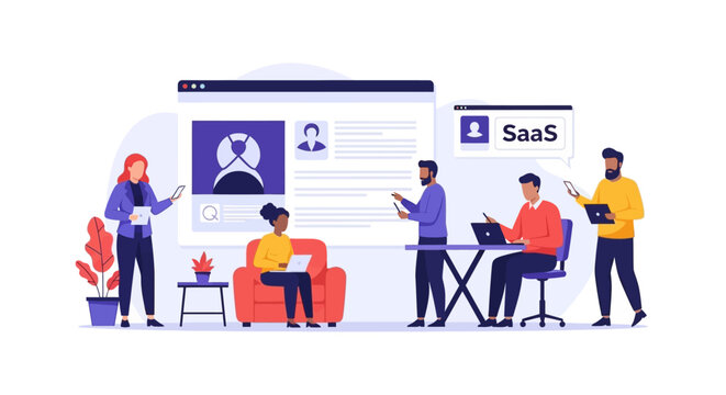 Modern Business Team Collaborating on SaaS Platform, User Profile & Data Management Illustration