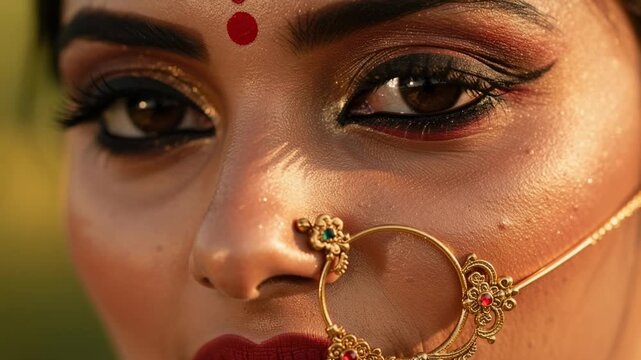 Close up portrait of woman wearing traditional gold nose jewelry with glowing firefly lights in dark background