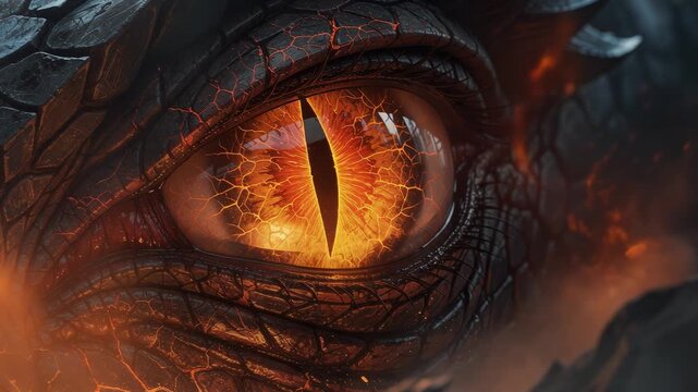 Close-up of a dragon's fiery eye glowing with molten lava veins and cracked obsidian texture