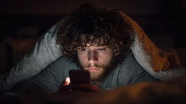 A curly-haired guy uses a smartphone while lying in his bed at night. The guy is engrossed in spending time online. The concept of watching short videos is a quick dopamine hit