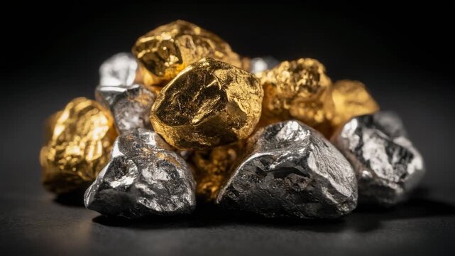 Close up of shiny gold and silver nuggets glistening under soft lighting on dark surface