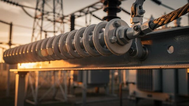 Close up of metallic insulator at sunrise with intricate details and warm natural light