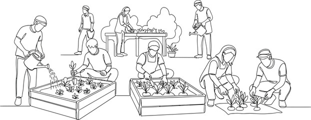 Obraz premium people planting flowers in garden boxes