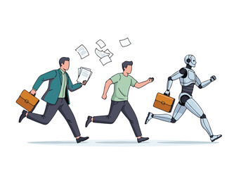 Fototapeta premium Business evolution: Man, casual worker, and robot racing with briefcases
