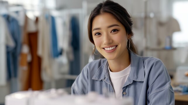 Smiling young seamstress sewing fabric with a sewing machine
