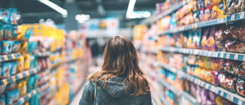 A person walks down a brightly lit supermarket aisle lined with various packaged goods on both sides.