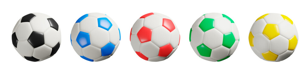 Soccer balls synthetic leather white with black blue red green and yellow panels collection aligned isolated on transparent background. © Favio